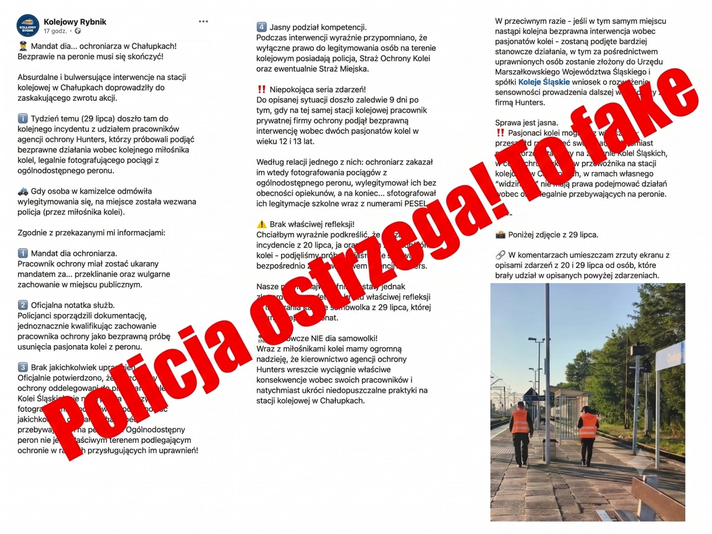 Policja dementuje nieprawdziwe informacje dotyczące działań na stacji kolejowej w Chałupkach. Apel o rozsądek w sieci