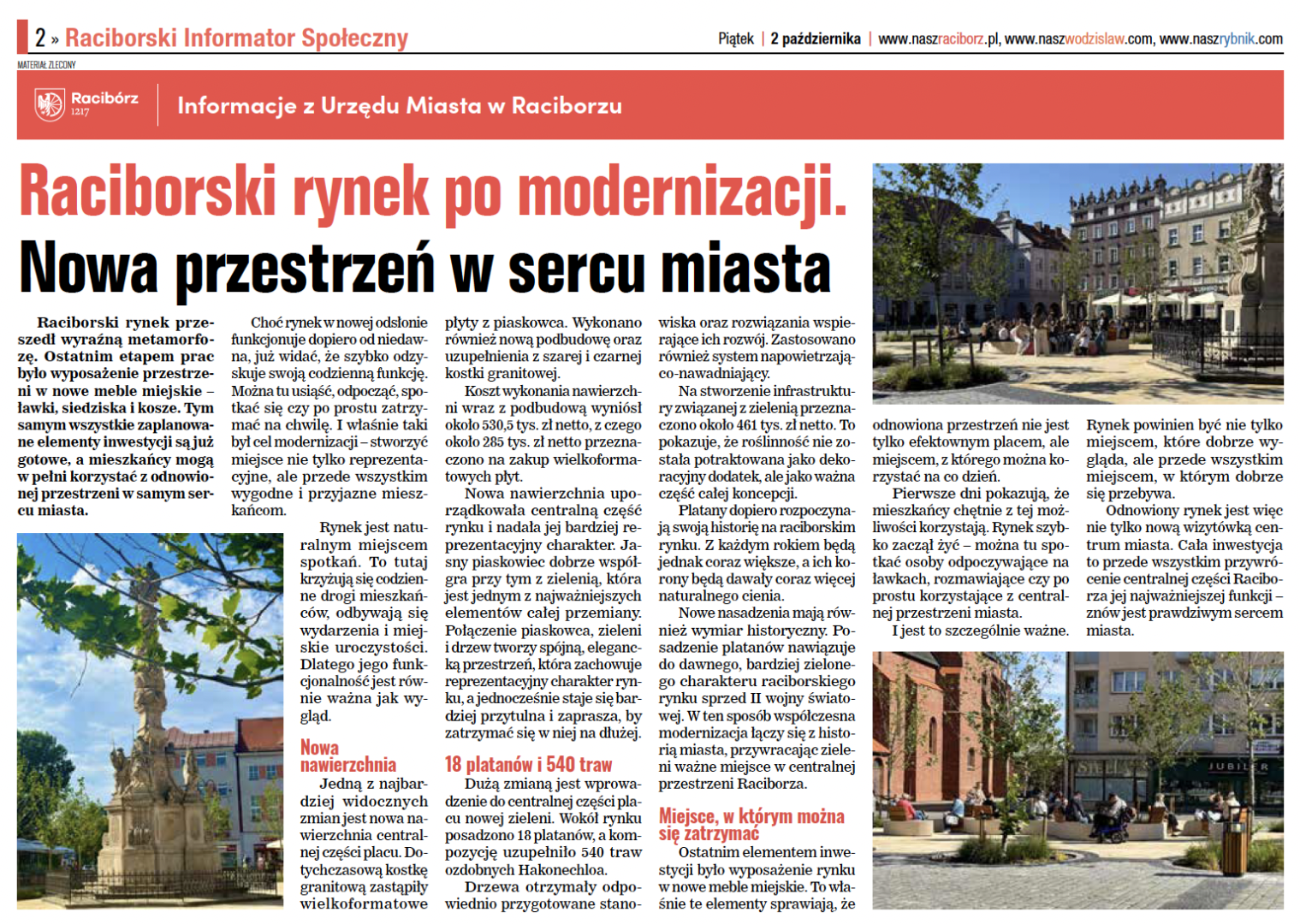 Nowe oblicze raciborskiego rynku. Droga Racibórz-Pszczyna. Nowe wydanie Raciborskiego Informatora Społecznego