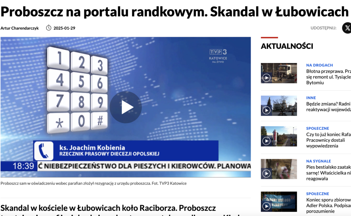 Proboszcz na portalu randkowym. TVP o skandalu w Łubowicach - Serwis informacyjny z Raciborza - naszraciborz.pl