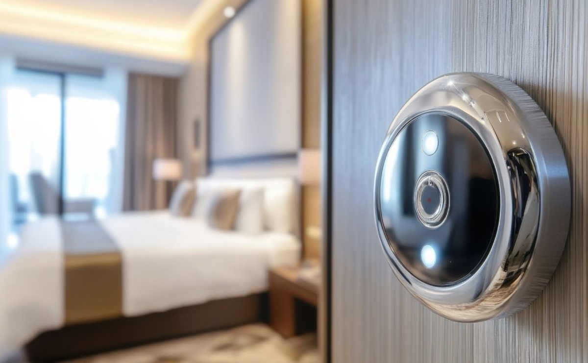 Zbliżenie na nowoczesną kamerę ukrytą w ścianie wejściowej pokoju hotelowego. W tle widoczne łóżko i okno w pokoju.