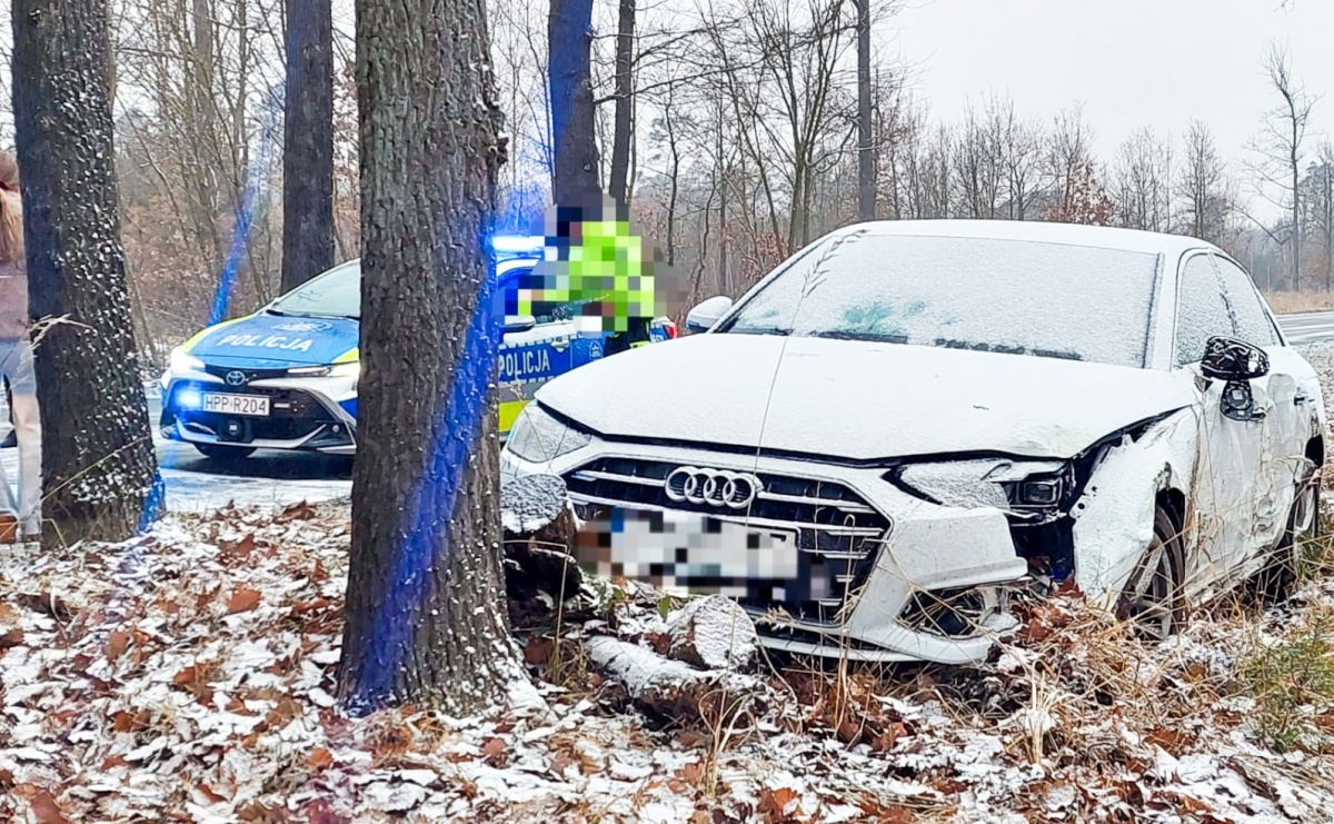 Poranny poślizg na białej nawierzchni. Audi zakończyło jazdę na drzewie - Serwis informacyjny z Raciborza - naszraciborz.pl