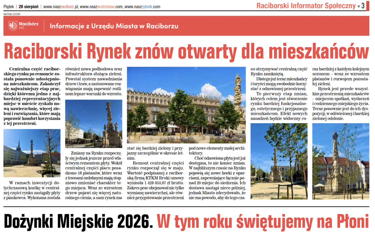 Nowe inwestycje, zielony Rynek i powrót do szkół. Racibórz wkracza w powakacyjny rytm - Serwis informacyjny z Raciborza - naszraciborz.pl